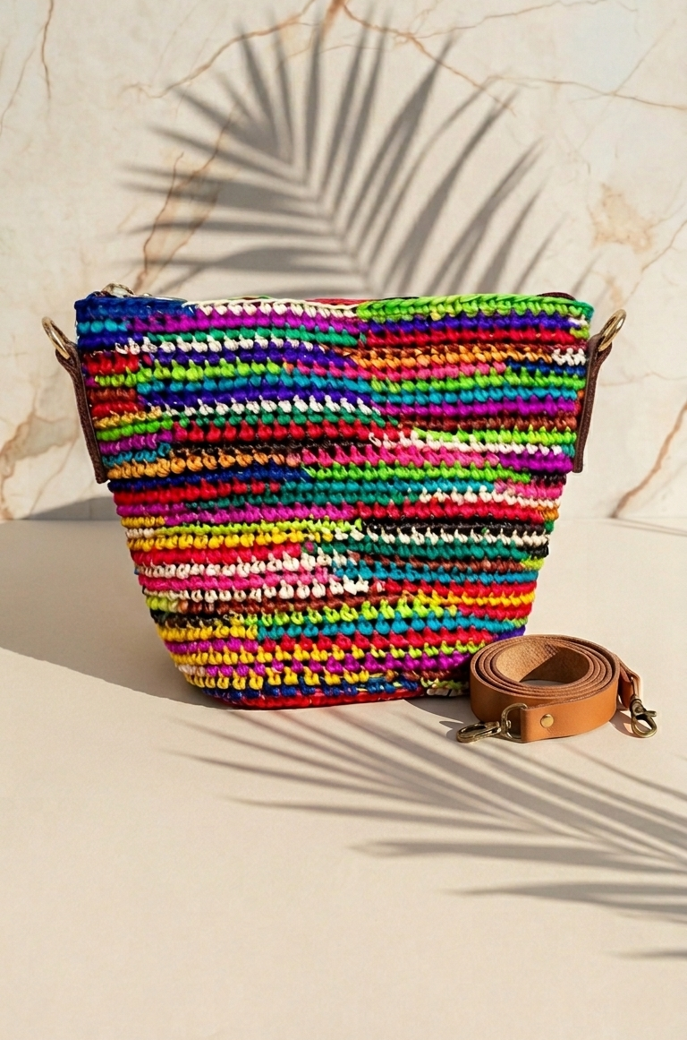 BARRIL PEQUEÑO MULTICOLOR DE PAJA TOQUILLA A CROCHET CON FORRO DE JARUBA