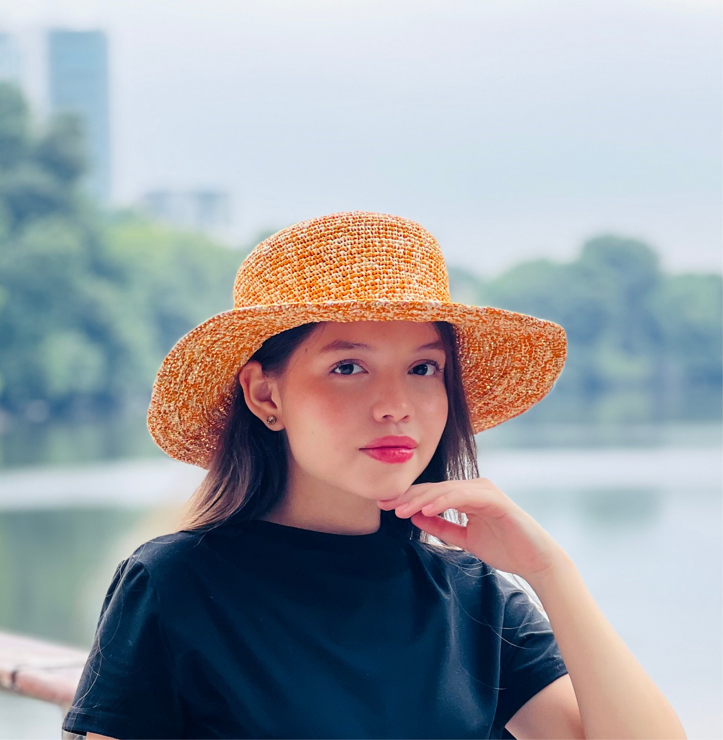 SOMBRERO DE PAJA TOQUILLA TEJIDO A CROCHET NARANJA