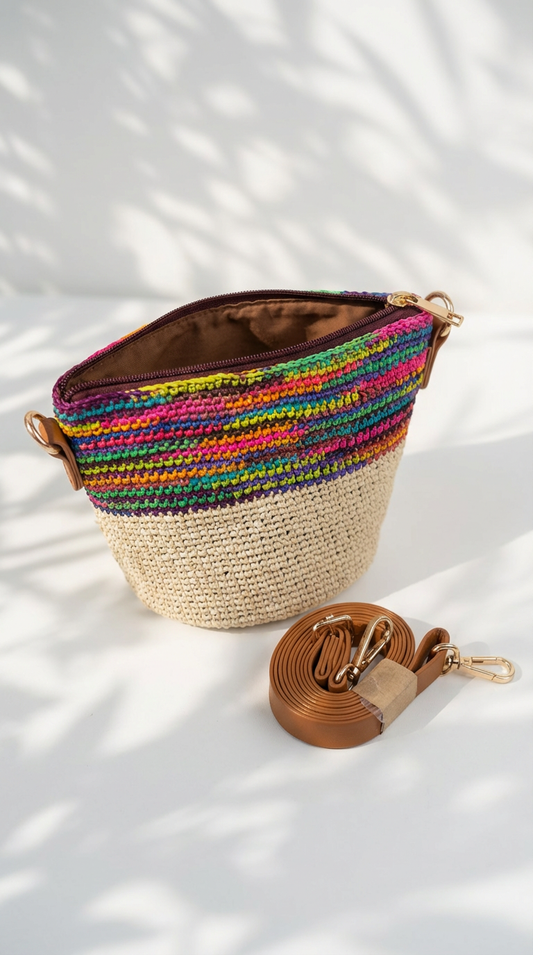 BARRIL PEQUEÑO DE PAJA TOQUILLA A CROCHET CON FORRO DE JARUBA