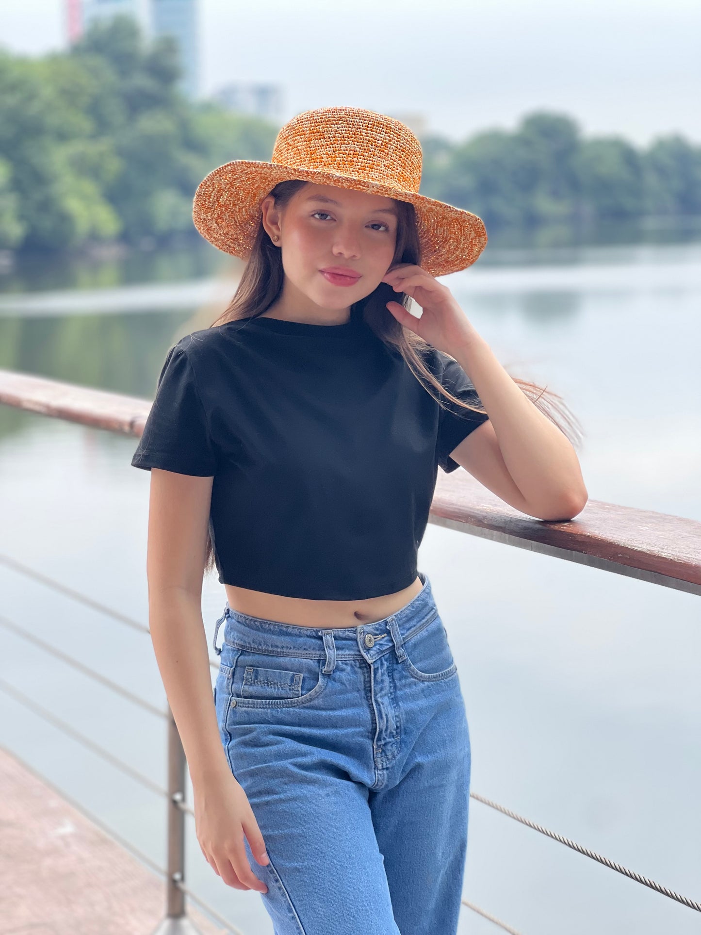 SOMBRERO DE PAJA TOQUILLA TEJIDO A CROCHET NARANJA